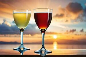 two glasses of wine on a table with sunset in the background. AI-Generated photo