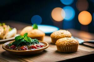 a wooden cutting board with some muffins and a bowl of food. AI-Generated photo