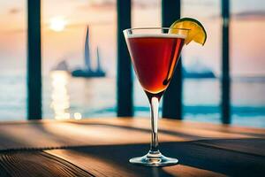 cocktail on the table with sunset in the background. AI-Generated photo