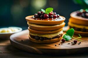 three pancakes with berries and cream on a wooden board. AI-Generated photo