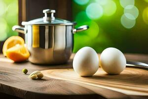 two eggs sit on a cutting board next to a pot. AI-Generated photo