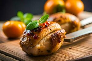 chicken breast with herbs and tomatoes on a cutting board. AI-Generated photo