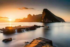 el Dom sube terminado el Oceano y rocas en frente de un montaña. generado por ai foto