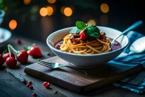 spaghetti with meat and tomato sauce in a bowl. AI-Generated photo