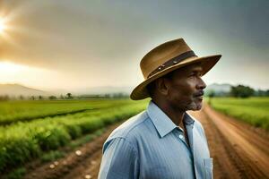 un hombre en un sombrero soportes en un campo. generado por ai foto