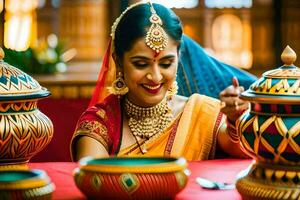 a woman in traditional indian attire is smiling while holding a pot. AI-Generated photo