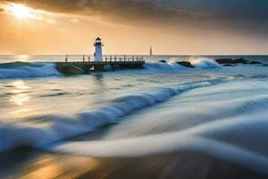 a lighthouse on the beach with waves crashing into it. AI-Generated photo