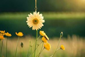 a yellow flower hanging from a string in a field. AI-Generated photo