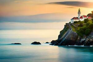 a lighthouse sits on top of a cliff overlooking the ocean. AI-Generated photo