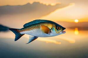 un pescado es nadando en el agua a puesta de sol. generado por ai foto