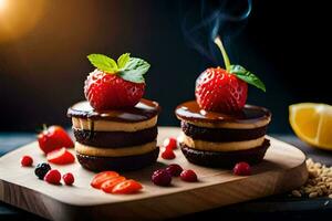 two cakes with strawberries and chocolate on top. AI-Generated photo