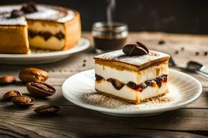 a slice of cheesecake on a plate with coffee beans. AI-Generated photo