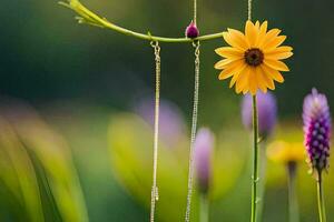 a yellow flower and a necklace hanging from a tree. AI-Generated photo