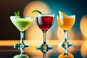 three different types of alcoholic drinks are shown in a row. AI-Generated photo