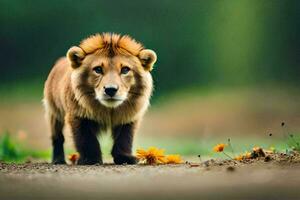 un león caminando en el la carretera con flores generado por ai foto