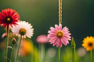 colorful flowers hanging from a string in a field. AI-Generated photo
