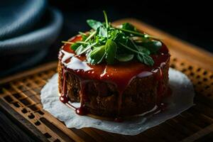 a cake with sauce and greens on top. AI-Generated photo