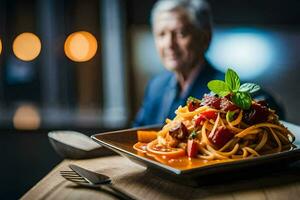 a man sitting at a table with a plate of spaghetti. AI-Generated photo