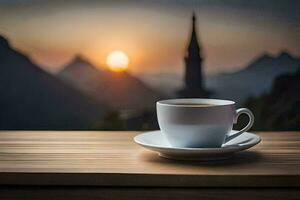 coffee cup on the table with the sun setting in the background. AI-Generated photo