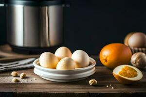 eggs in a bowl next to an electric pressure cooker. AI-Generated photo