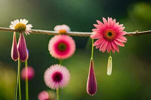 pink flowers hanging from a branch with green leaves. AI-Generated photo