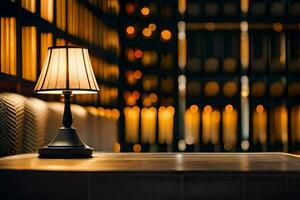 a lamp on a table in front of a wall. AI-Generated photo