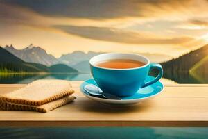 the tea cup and biscuits are on the table in front of the lake. AI-Generated photo