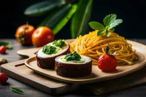 pasta with pesto sauce and vegetables on a wooden plate. AI-Generated photo