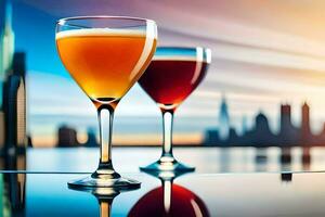 two glasses of alcohol on a table with city skyline in the background. AI-Generated photo