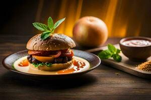 a hamburger with tomato sauce and a side of apples. AI-Generated photo