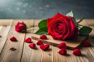 a single red rose on a wooden table with rose petals scattered around. AI-Generated photo
