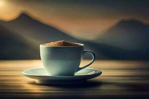 coffee, the sun, mountains, coffee, cup, hd wallpaper. AI-Generated photo