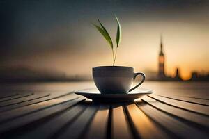 un taza de café con un planta creciente fuera de él. generado por ai foto