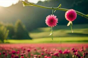 two pink flowers are hanging from a branch in a field. AI-Generated photo