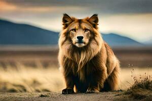 a lion is sitting on the ground in the middle of a field. AI-Generated photo