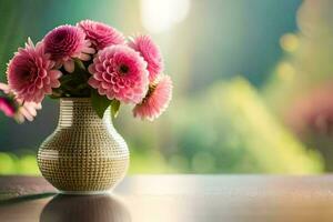 pink flowers in a vase on a table. AI-Generated photo