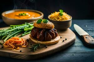 un plato con carne, espárragos y sopa en él. generado por ai foto