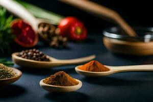spices and herbs in wooden spoons on a dark background. AI-Generated photo