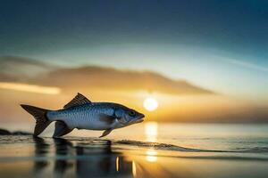 un pescado es en pie en el playa a puesta de sol. generado por ai foto