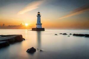 a lighthouse stands in the water at sunset. AI-Generated photo