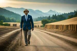 un hombre en un traje y Corbata caminando abajo un suciedad la carretera. generado por ai foto