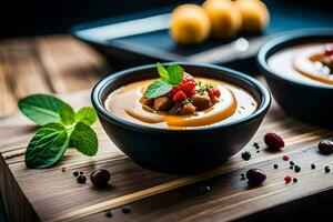 two bowls of soup with vegetables and spices. AI-Generated photo