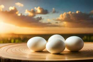 four white eggs on a wooden table with a sunset in the background. AI-Generated photo