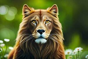 a lion is sitting in the grass with daisies. AI-Generated photo