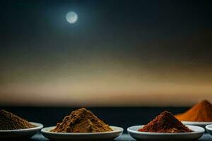 five different spices in bowls on a table. AI-Generated photo
