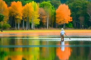 a man is standing on a lake with colorful trees. AI-Generated photo