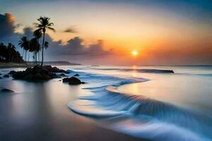 the sun sets over the ocean and waves. AI-Generated photo