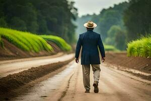 un hombre en un traje y sombrero caminando abajo un suciedad la carretera. generado por ai foto