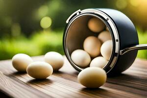eggs in a pan on a table. AI-Generated photo