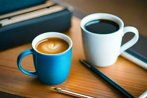 two cups of coffee on a wooden table. AI-Generated photo